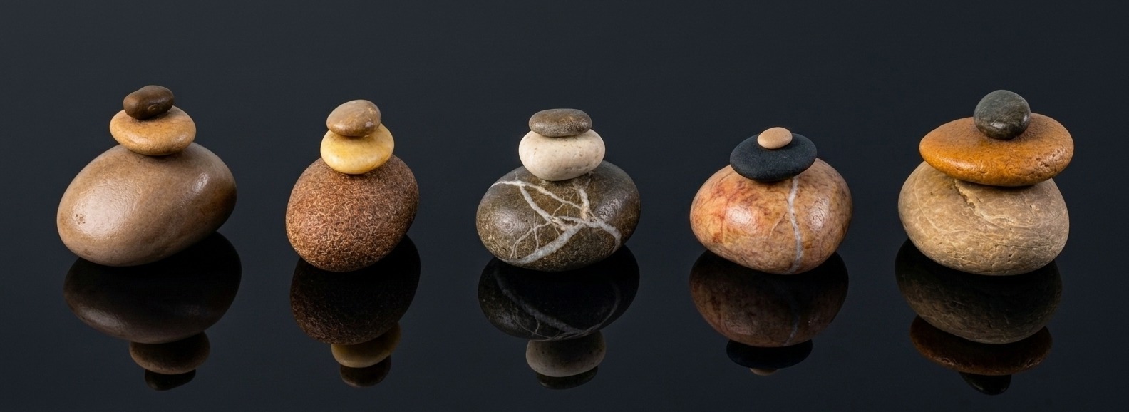 Five finished stone compositions on a reflective black surface