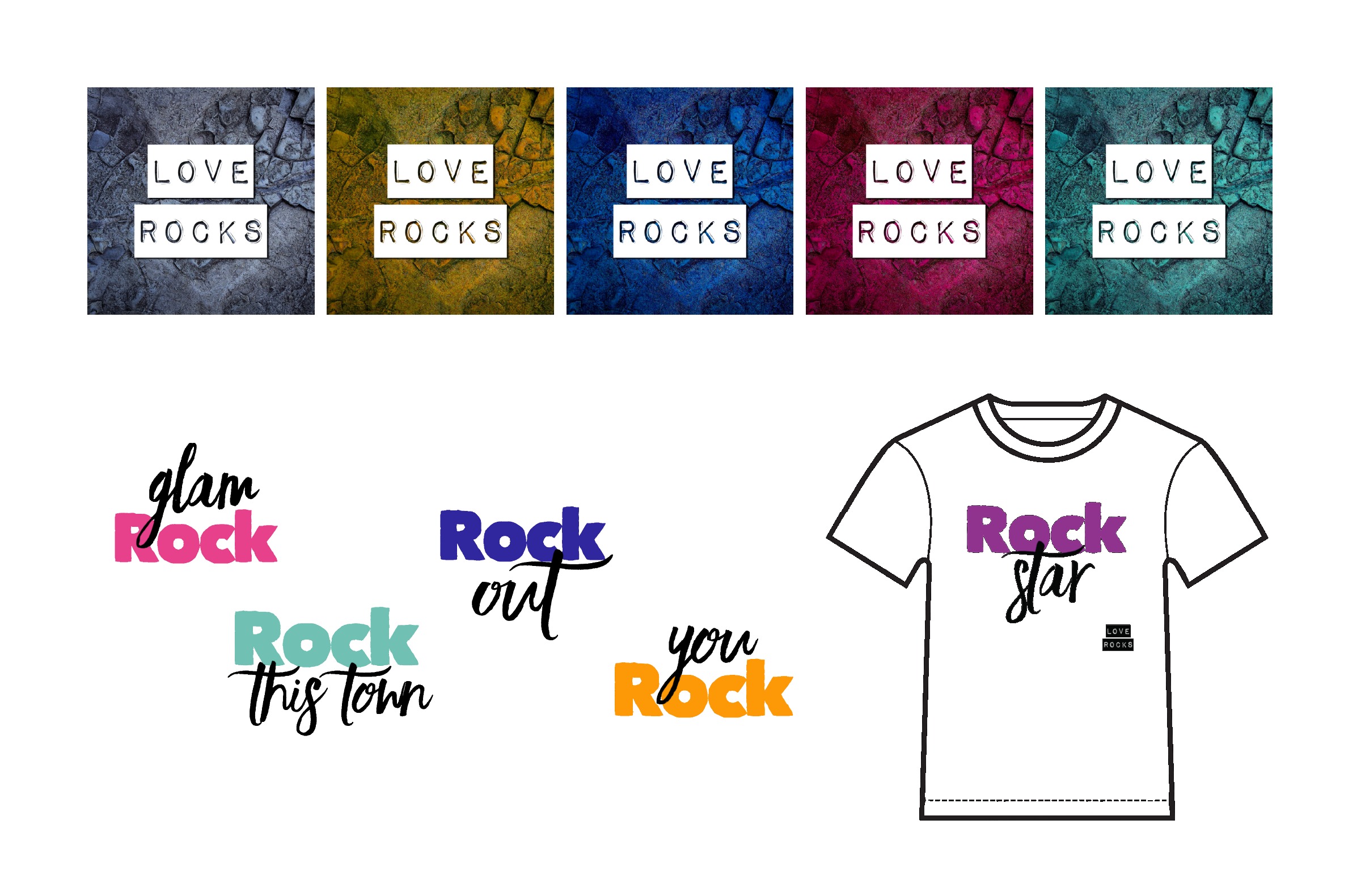 Love Rocks brand exploration — wordmark colorways, tagline extensions, and apparel application