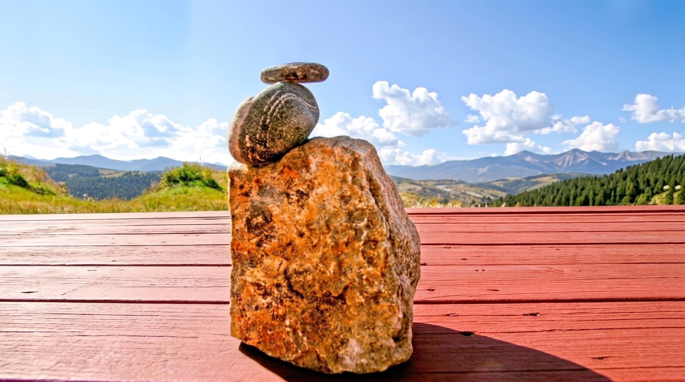 Love Rocks — a three-stone composition balanced against Colorado mountains and sky