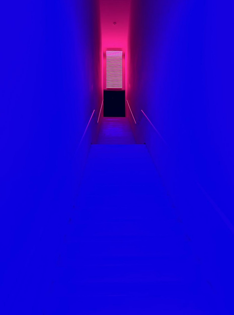 View Point — a stairwell in deep blue light, a pink glow at the top